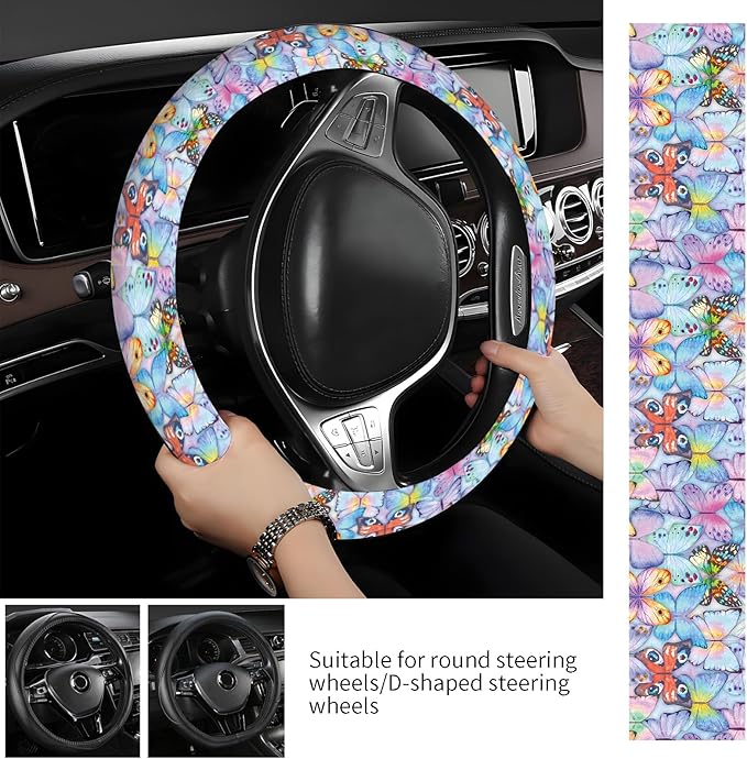 Steering Wheel Covers for Car, Truck, and SUV, Cute Non-Slip Breathable Elastic Steering Wheel, Car Accessories, Universal 15 Inch Leather Cover for Men Women Colorful Butterflies