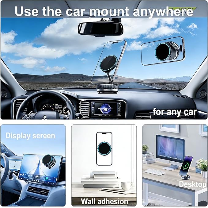 2026 Magsafe Car Mount Charger, 15W Fast Charging Vacuum Magnetic Phone Holder, Hands Free Phone Holders for Your Car Dashboar/Gym/Mirror, 360° Rotation Base, Nano Gel, for iPhone Series & Android