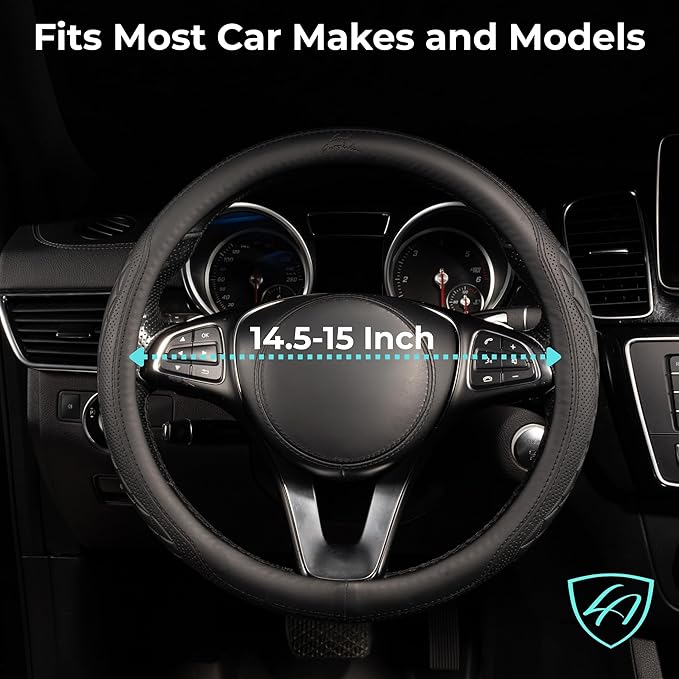 Lord Autofashion Steering Wheel Cover – PU Leather, Non-Slip Rubber Inner, All-Season Comfort – 14.5–15 Inch (Black 9366)