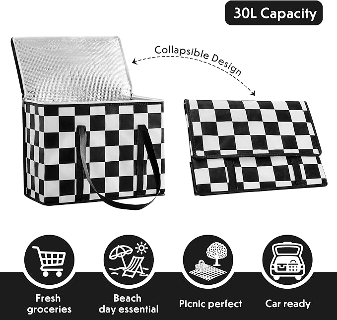 Checkered Insulated Grocery Bags 2 Pack, Checkerboard Cooler Shopping Bags for Groceries, Insulated Bags for Food Delivery