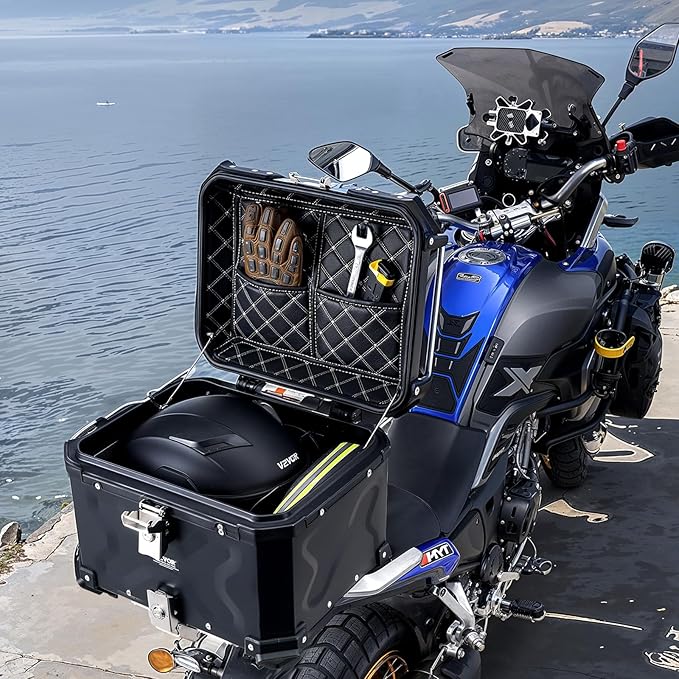 VEVOR Motorcycle Top Case 45L, Universal Aluminum Alloy Motorbike Tail Box with Leather Lining, 45L Waterproof Detachable Motorcycle Top Box with Lock & Back Cushion, Fit for 99% of Motorcycle Frames