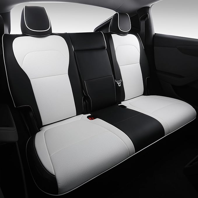 Custom Fit Seat Covers for 2025 2026 Tesla Model Y Juniper (5-Seater) - Ventilated Seats & Rear Screen Compatible - Nappa Leather Full Set Car Seat Protectors (Black+ White, Model Y 2025)