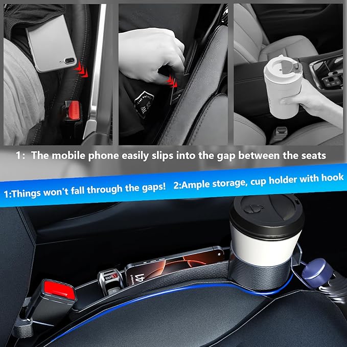 Seat gap filler Compatible with Model Y/Model 3.Deeper Than Standard Retail Models(7.5cm)|Added Cup Holder (2 Fixed Points) + Hooks + Charging Cable Port |2pcs Black| Free Window Break Hammer 1pcs|