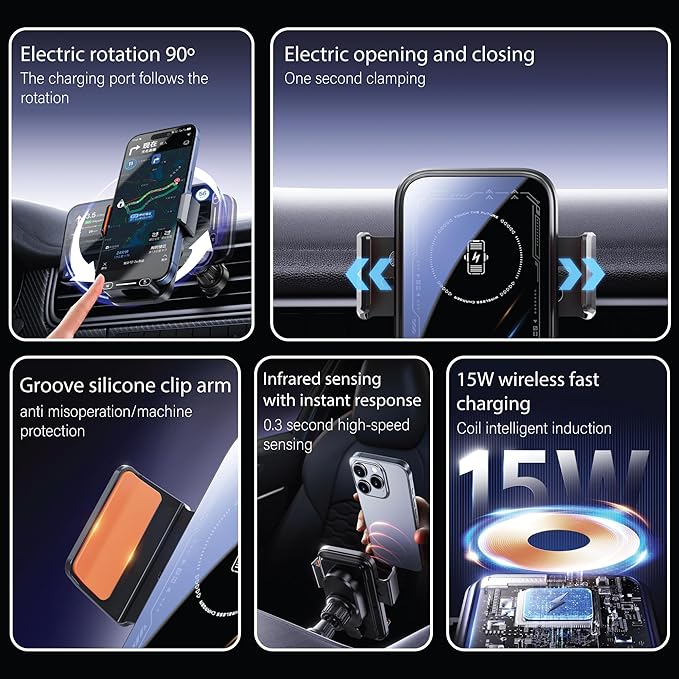 15W Wireless Car Charger & Auto Rotating Car Phone Holder MagSafe Compatible with LED Lights, Gesture Control Clamping, Auto Arm Opening, Built-In Battery, Dual Mount Options for Vent or Dashboard