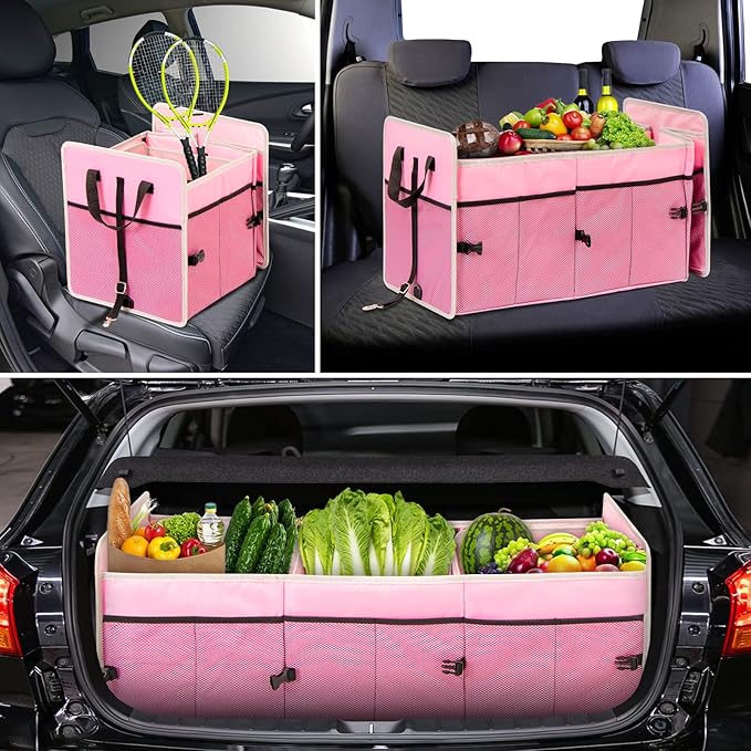 Car Trunk Organizer with Individual Cooler Bag - 3 Compartments Trunk Organizer for Car Collapsible Car Storage Organizer for SUV (Pink)