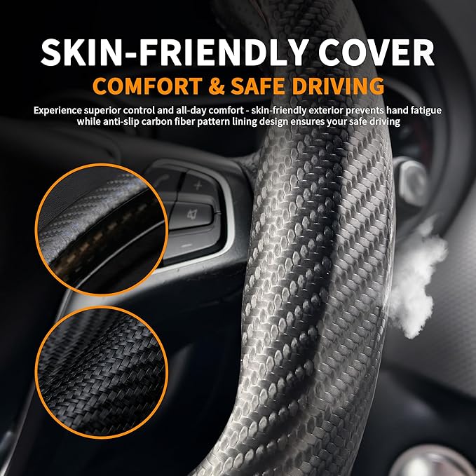 Carbon Fiber Steering Wheel Cover, Universal 15 Inch Snap On Car Steering Wheel Cover for Men/Women, Comfortable & Breathable Microfiber Car Accessories Interior (Black)