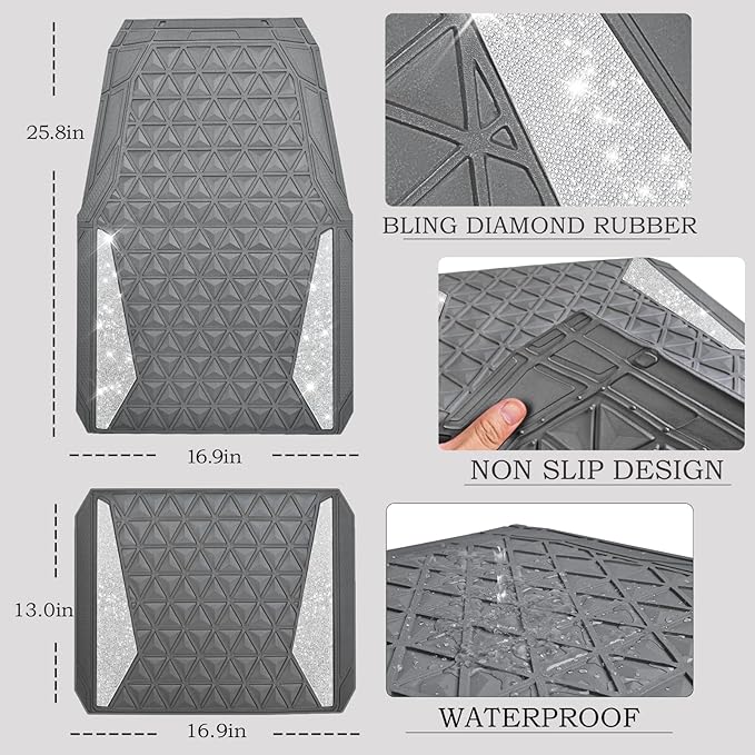 CAR PASS Bling Diamond Car Mats Gray Rubber Floor Mats Full Set Anti-Slip 3D Rhombus Waterproof Trim to Fit Liner Universal Glitter Crystal Sparkly Shining Rhinestone Girl Women SUV Sedan Van All Gray