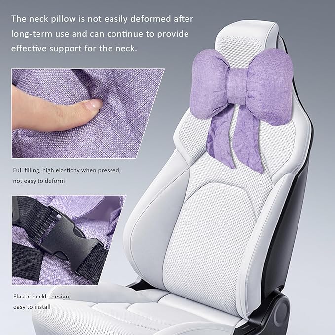 Sun Walker Bow Car Headrest Pillow, Breathable Bow-Shaped Vehicle Neck Pillow with Adjustable Strap, Ergonomic Neck Support Cushion Driving Seat Decoration for Women Girls (Purple)