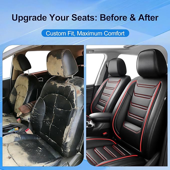 Fit HR-V Car Seat Covers (Front Pair) for Select Honda HRV 2016-2025 2026 LX/EX/EXL/Sport - Full Coverage Leather, Waterproof & All Weather Seat Cushion Protector, Black with Red Trim