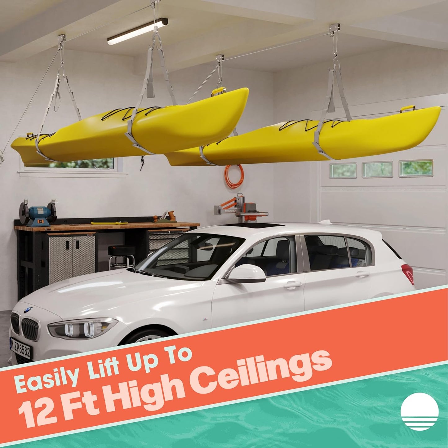 RAD Sportz Kayak Storage Hoist - Overhead Pulley System with 125lb Capacity for Canoes, Bikes, Ladders, and More for Ceilings up to 12ft (Gray)