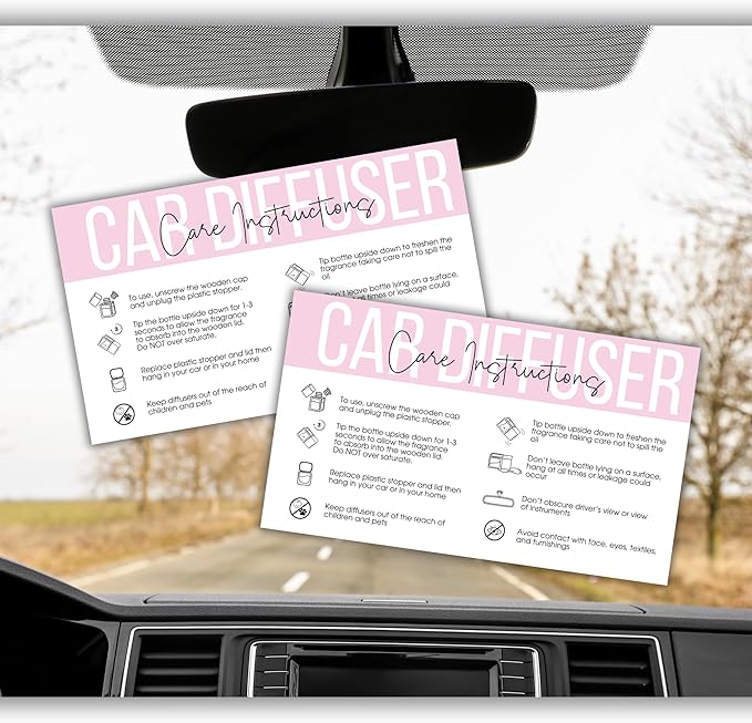 Car Oil Freshie Diffuser Care Freshie Instructions Cards | 50 pk 3.5x2” Hanging Oil Wood Top Aroma Air Freshener DIY Bulk Package Inserts Warning Labels Pink