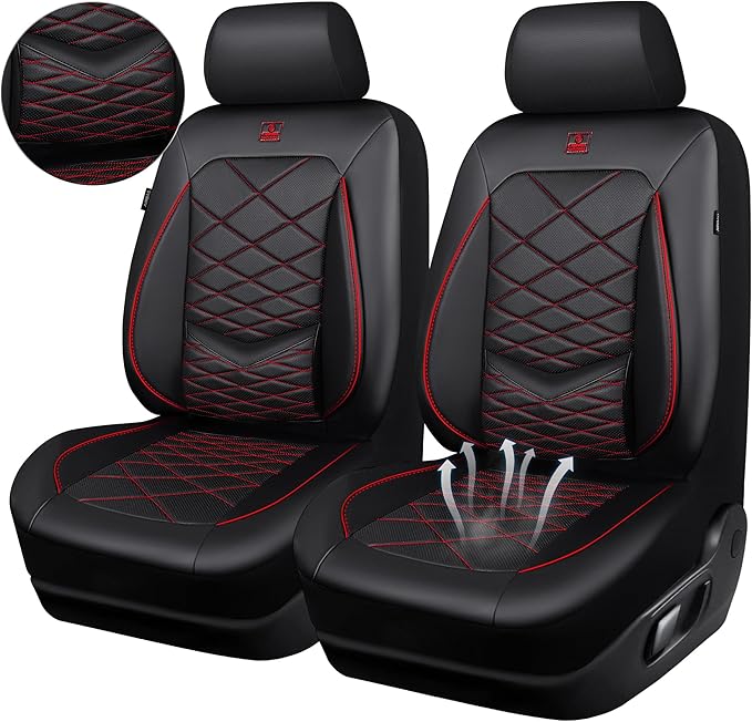 CAR PASS Luxury Nappa Leather Front Seat Covers, Water Resistant 3D Foam Seat Covers with Lumbar Support, Breathable Auto Seat Cover Airbag Compatible Universal Fit for Sedan SUV Van Truck, Black Red
