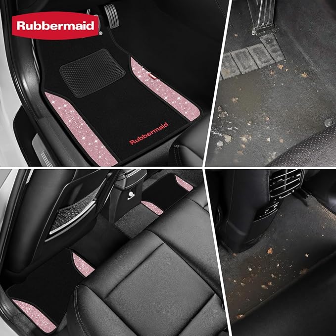 Rubbermaid Bling Car Mats, Carpeted Floor Car Mat with Faux Leather & Built-in Heel Pad, Two-Tone Car Rug Floor Mats, Stylish Carpeted Floor Mats for Cars, Trucks & SUVs Glitter Pink Color