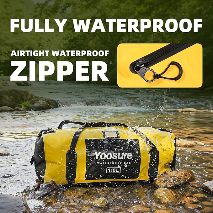 Airtight Zipper Waterproof Duffel Bag 110L- 700D PVC Dry Bag Extra Large Dry Bags with Straps&Handles for Camping Boating Kayaking Rafting Canoeing Gym Beach Car Roof Storage (Yellow)