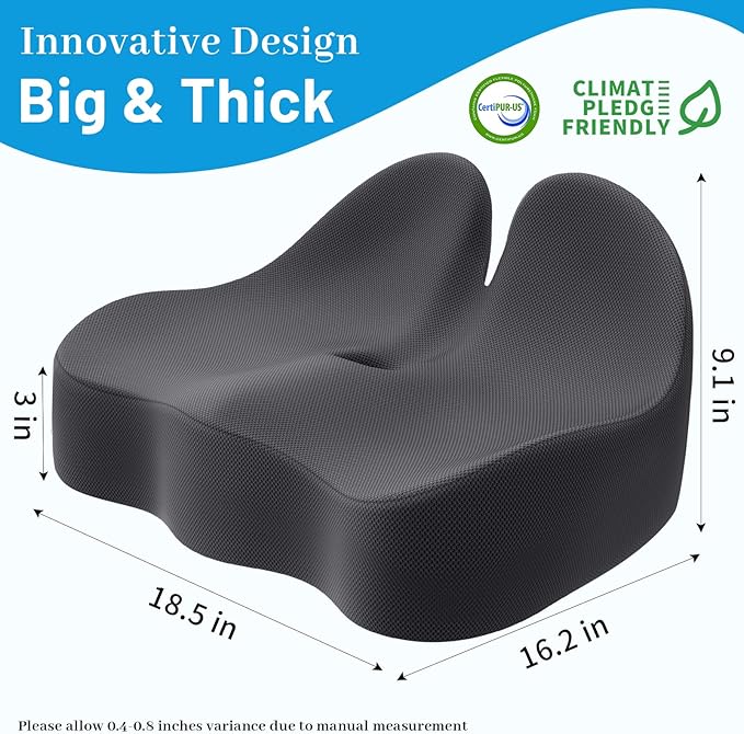 Memory Foam Seat Cushion for Office Chair, Ergonomic Coccyx Cushion for Desk Chair, Tailbone Support Pillow for Long Sitting, Non-Slip Seat Pad for Home, Car, Gaming Chair (Grey, X-Large)