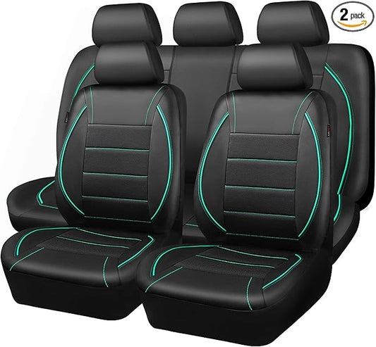 CAR PASS Universal FIT Piping Leather Car Seat Cover, for suvs,Van,Trucks,Airbag Compatible,Inside Zipper Design and Reserved Opening Holes (Full Set, Black and Mint)