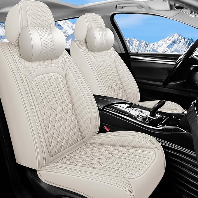 Car Seat Covers for Genesis GV70 2022-2025 2026, Full Set Nappa Leather Waterproof Breathable Anti-Slip Airbag Compatible Car Seats Protector, Car Interior Seats Cover (Beige,+Pillow)