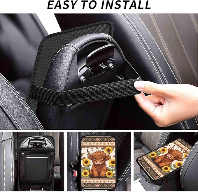 Universal Car Center Console Cushion Pad, Cute Highland Cow Sunflower Soft Waterproof Car Center Console Cover Auto Armrest Seat Box Cover Protector for Most Vehicle SUV Truck Car