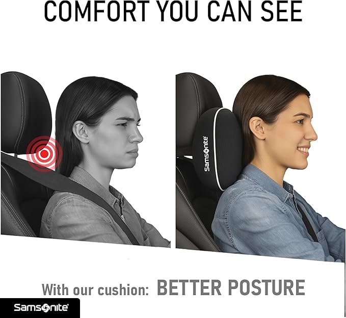 Samsonite Car Neck Pillow, Soft Memory Foam Headrest Pillow for Driving, Ergonomic Car Seat Headrest Cushion with Adjustable Strap, Breathable & Removable Cover, Neck Pain Relief, Black