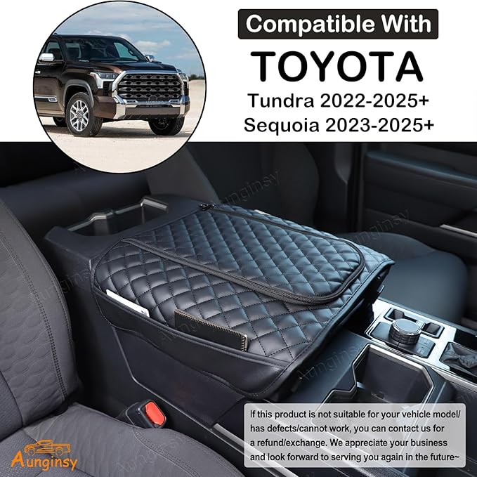 Center Console Armrest Cover Compatible with Toyota Tundra 2022+ Sequoia 2023+ Leather Middle Console Cushion Lid Pad Waterproof Anti-Scratch Armrest Seat Box Cover With Pocket Storage Bag Accessories