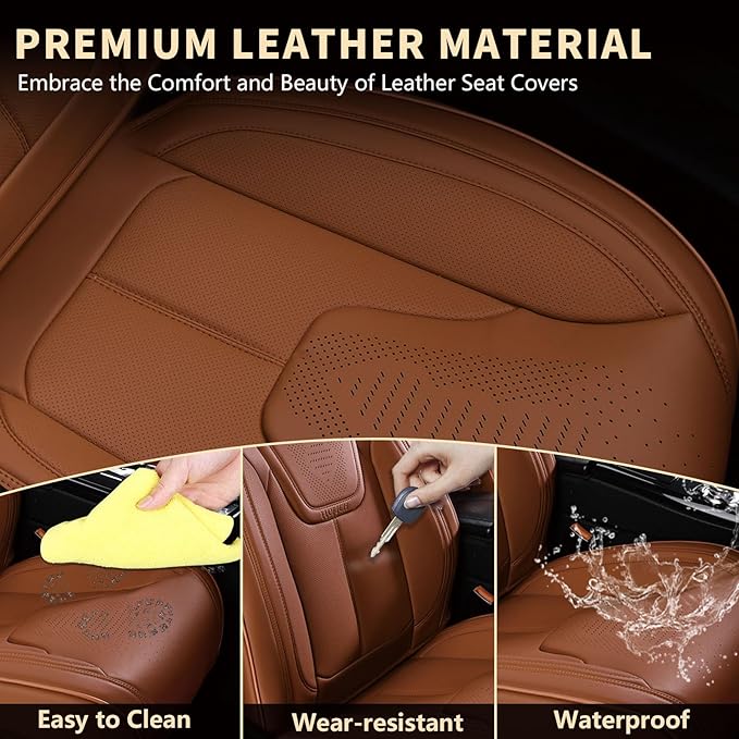 FLORICH Car Seat Covers Front Seats, Luxury Waterproof Faux Leather Seat Covers Cushion, Car Seat Protectors Universal Fit for Most 5 Seats Vehicles - Brown
