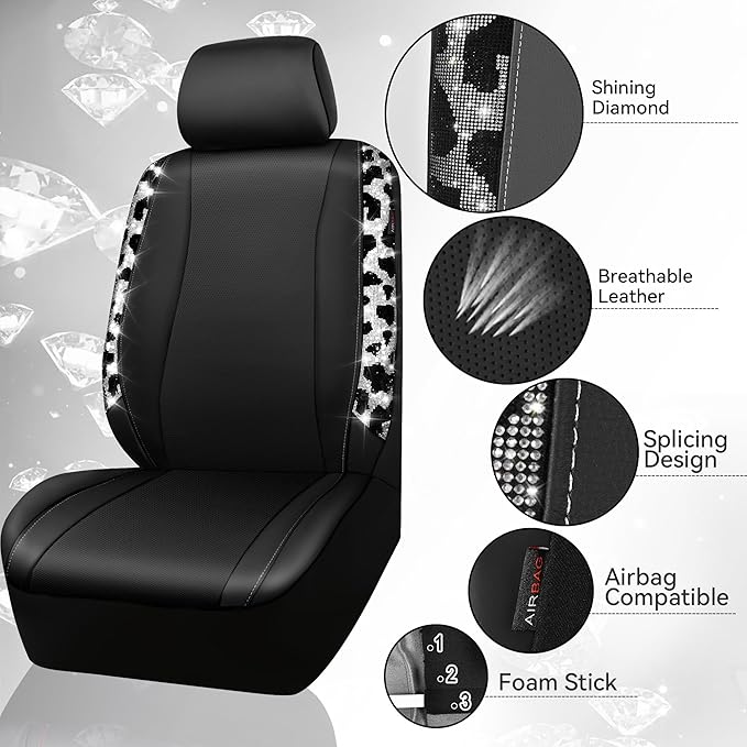 CAR PASS Cow Diamond Leather Bling Car Seat Covers Universal, Faux Shining Rhinestones Two Front only, Fit 95% Automotive Glitter Crystal Sparkle Strips for Cute Women Girl, 2PCS Cow Silver Diamond