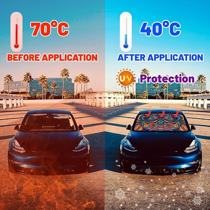 CHILL·TEK Car Windshield Sun Shade Umbrella, Abstract Colorful Foldable Umbrella Sunshade for Front Window UV Reflector Protection Auto Shades Cover blue 1 57x31 In