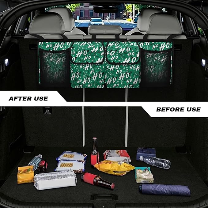 Green Christmas Car Trunk Organizer Bag Car Back Seat Storage Bag with 4 Pockets Automotive Interior Accessories for SUV MPV Sedans Pickup Jeep Trucks