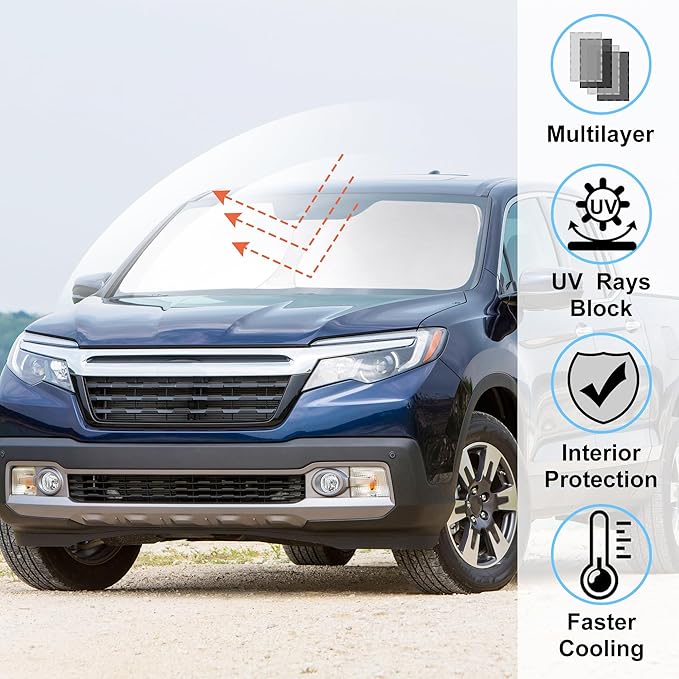 Windshield Sun Shade Custom Fit for 2017-2024 2025 2026 Honda Ridgeline Crew Cab Accessories Foldable Sunshade Sun Blocker Protect Car from Sun Rays & Heat Damage Keep Car Cooler