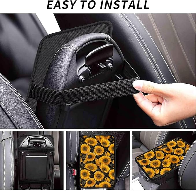 Yellow Sunflower Center Console Cover Vintage Flower Armrest Lid Protector Floral Middle Console Cushion Interior Accessories