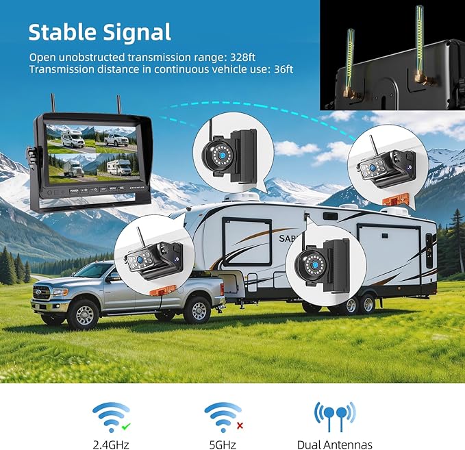 ZEROXCLUB Magnetic Wireless Backup Camera: 7" HD 1080P DVR Monitor with 2 Rear View, 2 Side View Cameras, IR Night Vision, Portable Rechargeable Camera for RV/Trailer/5 Wheels/Camper BC704