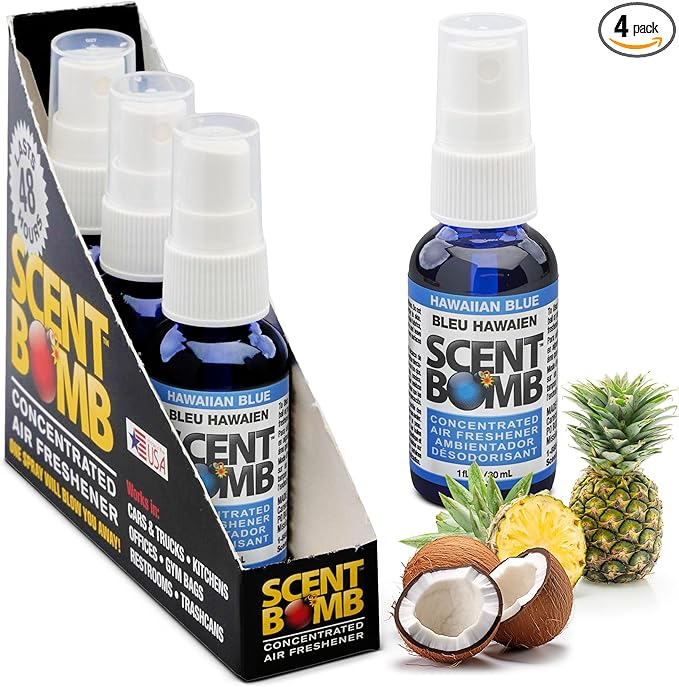 Scent Bomb Air Freshener Spray, Long-Lasting Odor Eliminator - Effective Deodorizer for Home & Car, Fresh Room Spray for Kitchen, Bathroom & Smell Neutralizer - 1 oz Pack of 4, Hawaiian Blue Scent