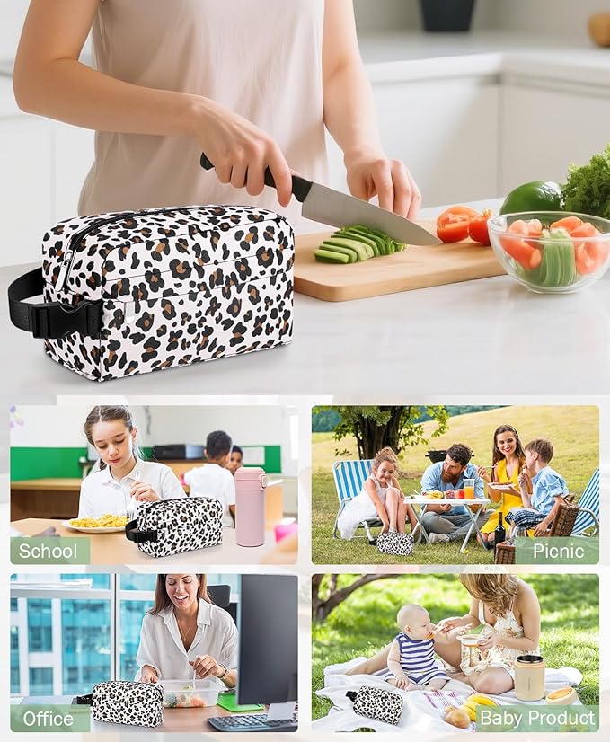Small Insulated Snack Bag Lunch Bag for Kids Lunch Box for Women/Men, Collapsible [3L/5-Can] Reusable Lunch Bag Cooler Bag for Bottle with Handle Buckle for Work/School/Travel,Leopard Print