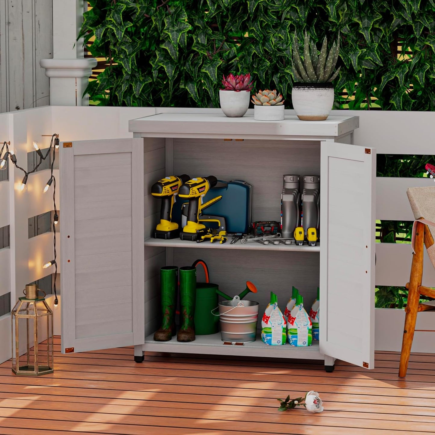 Outdoor Storage Shed Waterproof, Potting Shed with Storage Cabinet and Metal Table Top for Backyard Garden Patio,Outdoor Work Station Table