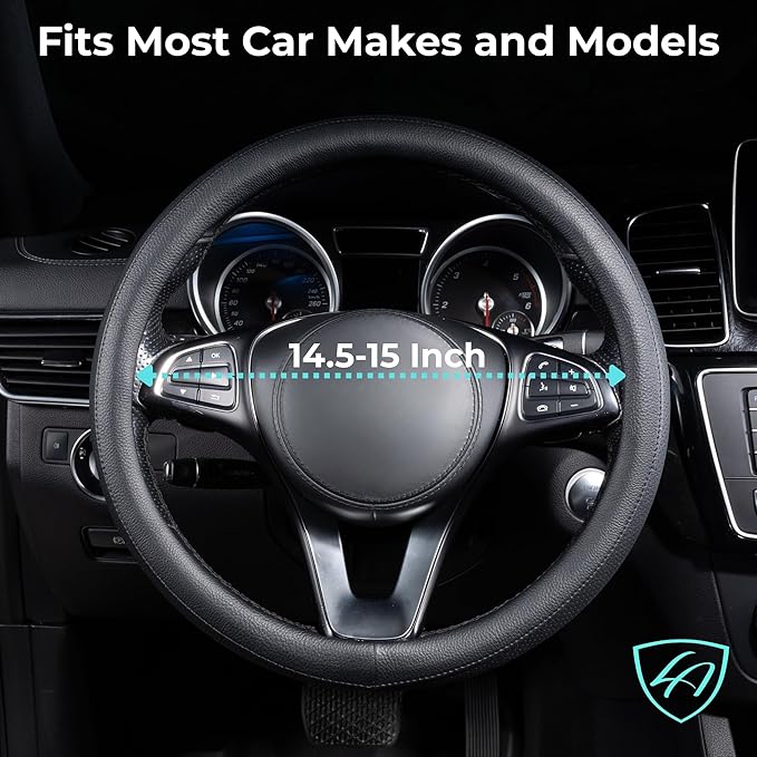 Lord Autofashion Steering Wheel Cover – PU Leather, Non-Slip Rubber Inner, All-Season Comfort – 14.5–15 Inch (Black 8397)