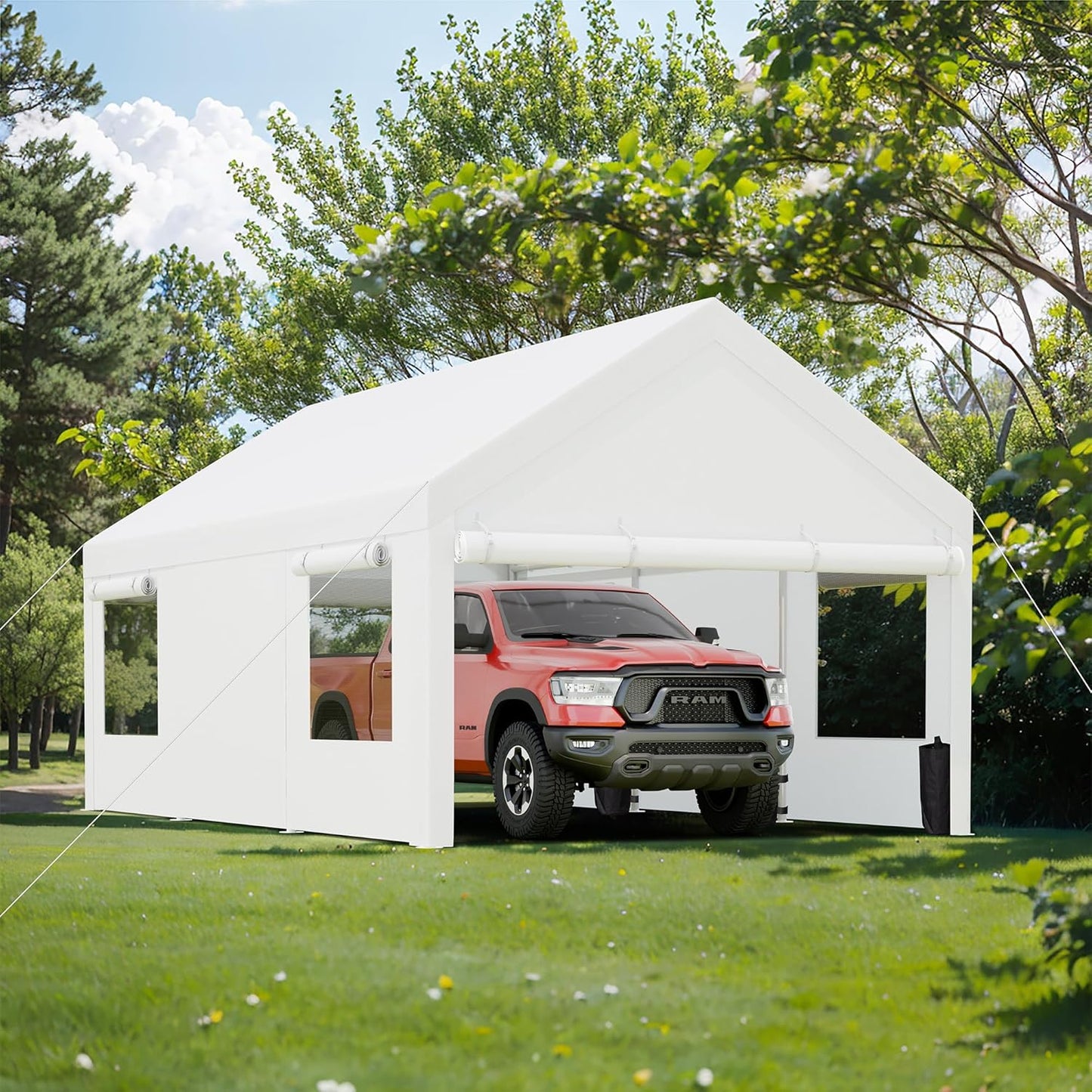 JY QAQA Carport, 12x20 FT Heavy Duty Carport with Removable Side Walls and Doors, Portable Garage with Roll-Up Window and Sandbags, Car Canopy with All-Season Tarp for Cars, Trucks, Boats, White