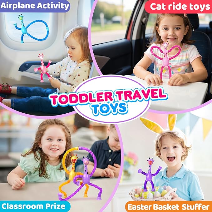 Giraffe Sensory Travel Toys 4Pcs for Roadtrip Car Ride Airplane Toddler Girl Year Old Ages 2 3 4 5 6 7 8, Suction Autism Pop Tube Fidget Toy Autistic Valentines Day Stocking Easter Basket Stuffer Gift