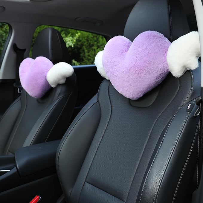 2 Pack Heart Shaped Cute Car Headrest Pillow with Angel Wings - Comfortable Soft Head Rest Cushion Kawaii Car Accessories Neck Pillow for Driving Travelling Office Home Decor - Lavender Love Heart
