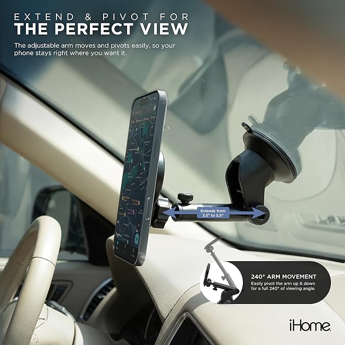 iHome Car Mount, Dashboard/Windshield/Vent Mount, Swivel Neck, Silicone Grip, Adjustable Mount Arm with Suction Cup Base (Magnetic Car Mount)