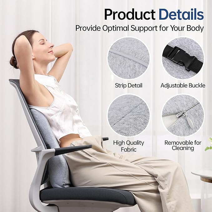 Lumbar Support Pillow for Office Chair, Back Support Pillow with Memory Foam, Relieves Back Pain, Removable Washable Cover & Adjustable Strap, for Car/Gaming Chair,Gift-Light Grey