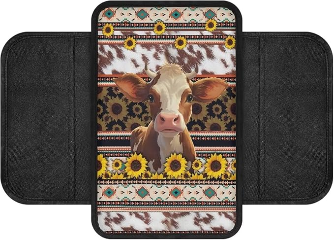 Aztec Tribal Cow Sunflower Pattern Car Center Console Cover Lightweight Automobile Armrest Covers Wear-Resistan Car Armrest Pad Car Decor Accessories