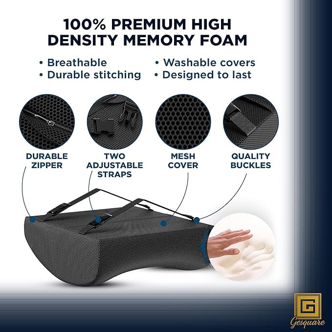GESQUARE 3-Piece Memory Foam Seat Cushion & Lumbar Support Pillows Set – Adjustable Back Support for Office, Car & Gaming Chairs – Tailbone & Coccyx Comfort for Long Sitting.