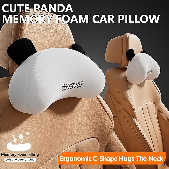 Cute Panda Car Neck Pillow & Lumbar Support Memory Foam Cushion for Driving Adjustable Headrest Waist Pillow for Most Seats (Black, Headrest 2Pcs)