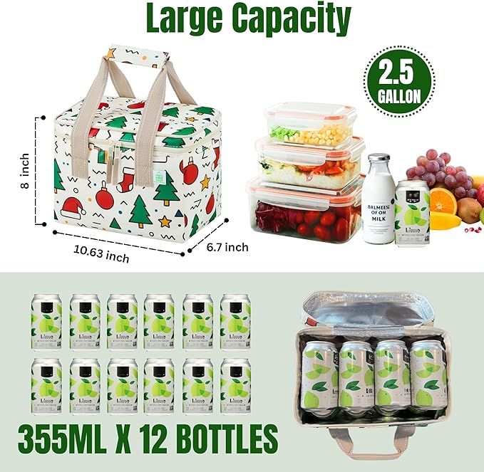 VENO 2 Pack Christmas Insulated Lunch Bag for Women Men, Reusable Lunch Box Grocery Shopping Bag Small Cooler with Handles Zippers for Work Office Picnic Beach (Jingle Mix)