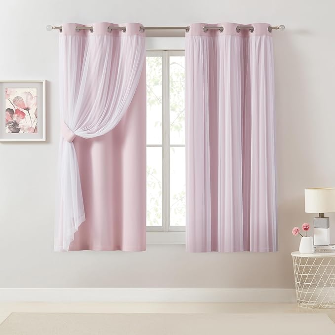 Bujasso Pink Blackout Curtains with Sheer Overlay Mix and Match Double Layer 80% Room Darkening Window Treatment Set for Girls Bedroom Living Room Pink Drapes with Tiebacks Grommet Top 37" Wx63 Lx2