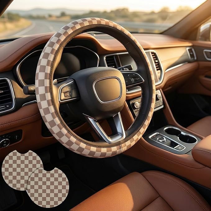 Checkered Brown Steering Wheel Cover - Checkered Brown Steering Wheel Cover Anti-Slip Breathable Universal 14-15 Inch Car with 2 Pcs Car Coasters Suitable Men Women