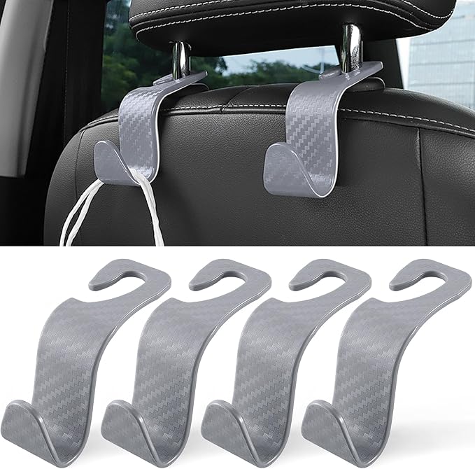 LivTee Car Purse Hook, 4 Pack Universal Auto Seat Headrest Hook Hangers Organizer for Coats, Umbrellas, Groceries - Carbon Fiber Gray
