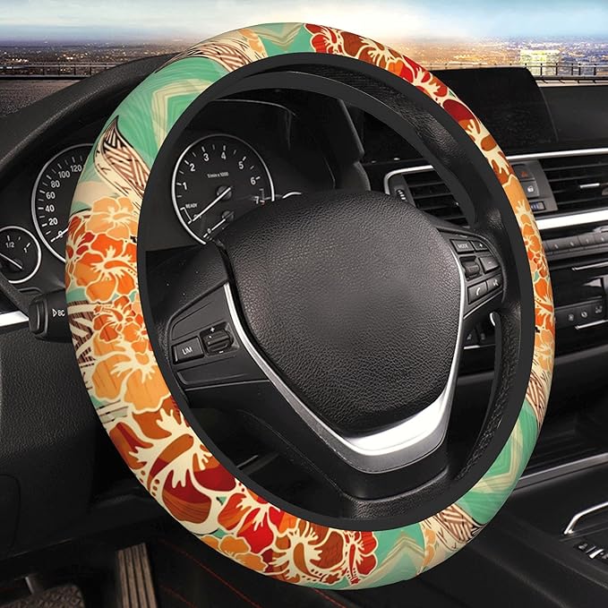 Hawaiian Island Tropical Car Steering Wheel Cover for Women Men 14-15 Inch Stretch Cloth Anti-Slip Wrap Protector Case Fit Universal Auto Accessories Decor Sweat Absorption