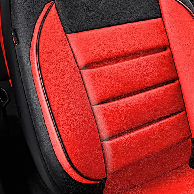CAR PASS Leather Car Seat Covers Front Seats Only, Universal Fit Automotive Interior Waterproof 3D Foam Back Support Car Seat Covers for Trucks Vans and SUVs Airbag Compatible 2 Pieces （Black Red