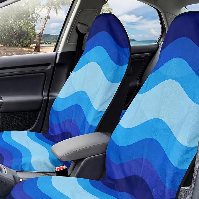 2 Pack Car Seat Towel Covers, Sweat Protector for Front Seats, Premium Thickened Microfiber with Elastic Strap, Breathable & Quick Dry, Machine Washable Cover for Gym Running Universal Fit Waves
